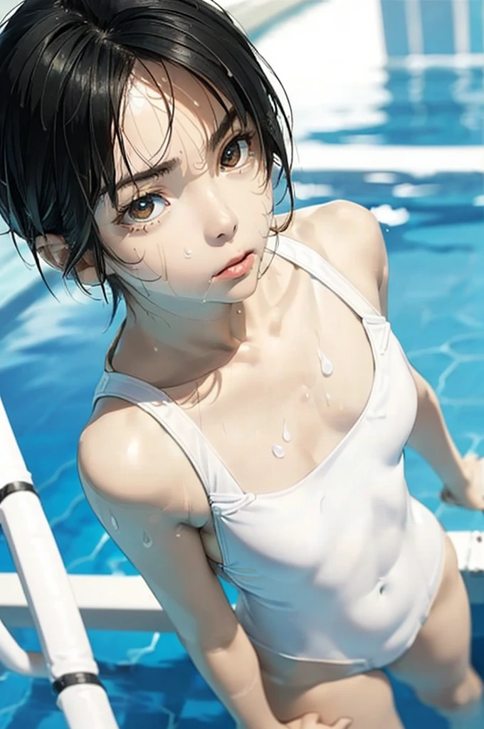 ((((Close-up angle looking up from below))))13-year-old girl, solo,(((Small breasts: 1.6))), ((((Embarrassing,))))((((Wearing a white swimsuit、))))((((Various poses、))))A sexy masterpiece with wet hair, Highest quality, Realistic, Ultra-detailed, (Glowing Skin, sweating: 1.4), View your viewers,((((very short hair with black hair)))))thin, Dynamic light and shadow, High resolution, Sharp focus, Depth of written boundary, Embarrassing, Sharp pupils, Realistic生徒, (Thigh Thickness: 1.0), Indoor swimming pool