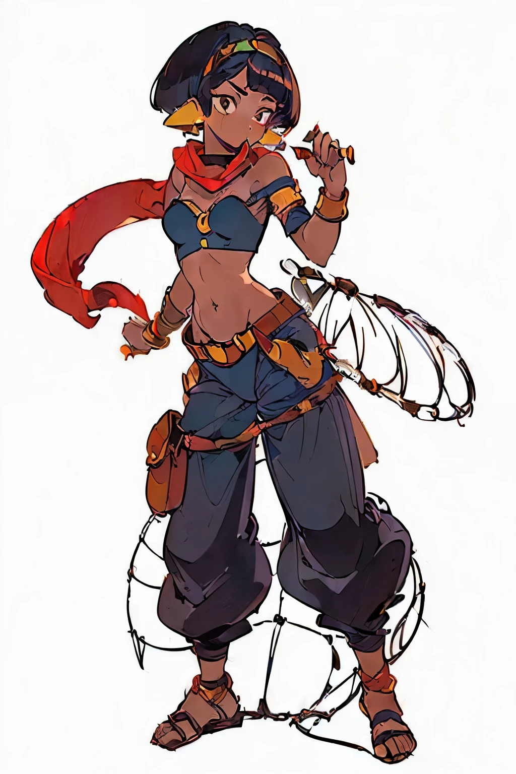 ((My Hero Academia Style)), (((Jasmine))), (((Aladdin))), (((Dark skin))), (((brown complexion))), ((((dark elf)))), (((((Long pointed ears))))), (((black eyes))), ((((Long Devil Tail)))), (((((Arabian Clothes))))), ((((((Black Tight O-ring Bow Bra Top)))))), ((((((Red Harem Torn Crotchless pants)))))), ((((((Black Caged Highcut O-ring G-string button)))))), ((((((Brown Pouch Caged hip belt)))))), ((((((Slave Iron Chained Choker)))))), ((((((hip-hugging cutlass)))))), ((((((Hip-Hugging Dagger)))))), ((((((Red torn scarf over mouth)))))), (((((Hoop Earrings))))), ((((((Pixie Cut Hairstyle)))))), (((wide and toned hips))), (((wide and toned thighs))), (((Toned calves))), (((exposed abdomen))), (((bare abdomen))), (((((Blue navel jewelry piercing))))), (((exposed navel))), (((Knees apart))), (((Legs apart))), ((((Marked abs)))), (((((Marked muscles))))), (((medium breasts))), (((perfect anatomy:1.5))), (((perfect hands))), (((perfect face))), (((((high quality:1.5))))), (((((masterpiece:1.5))))), ((((full body photo:1.5)))), (((((Full Body Shot:1.5))))), (((looking at viewer))), (((((Front view))))),(((((arabian rooftop background))))),