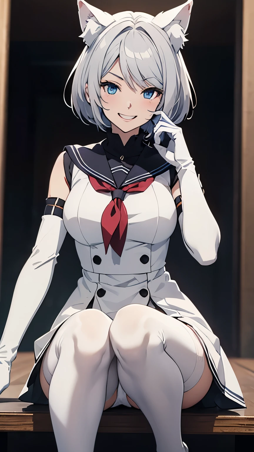 Tabletop High resolution Best image quality 8k Adult female Anime Style White long gloves(Elbow Gloves) White Sailor Suit(Sleeveless) mini skirt White Pantyhose White wolf ears short hair((Shortcuts)(Gray Hair)(Perm)(fluffy)) blue eyes Attractive face((Laughter)(smile)(Open your mouth)) squat loafers Panty shot