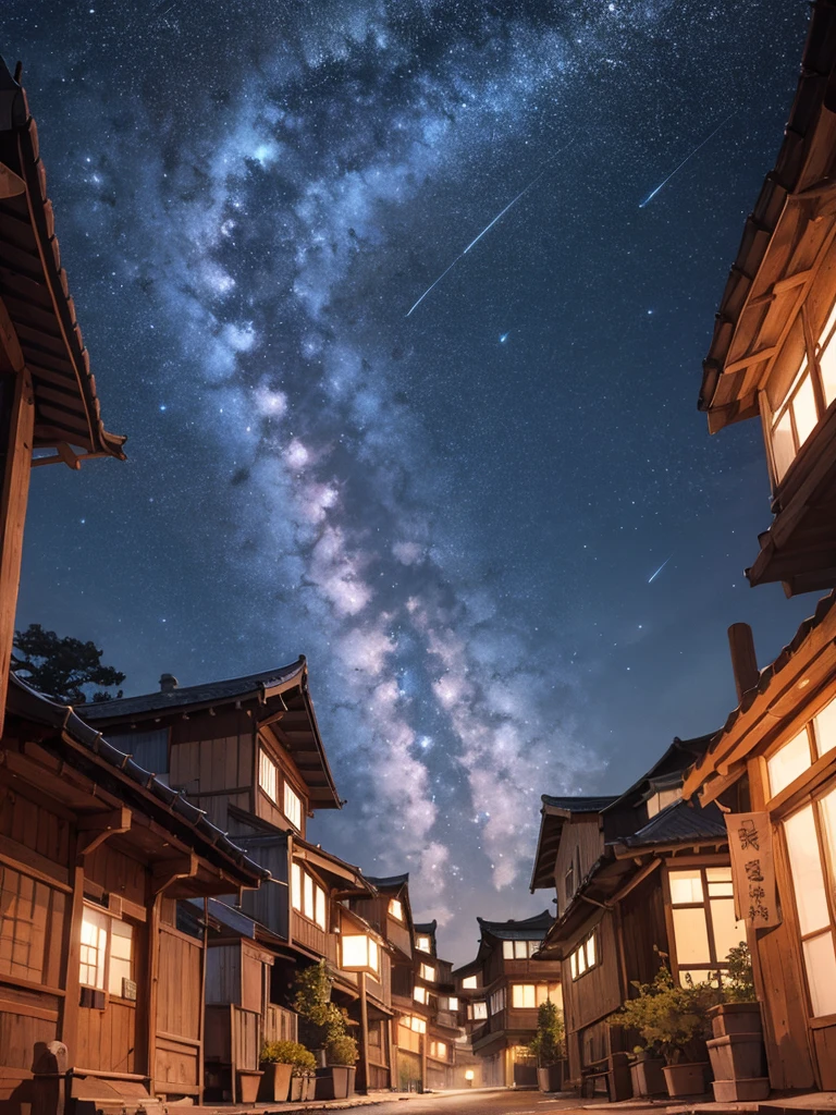 shooting stars, view from below, In the village of the dragon miko, previous era