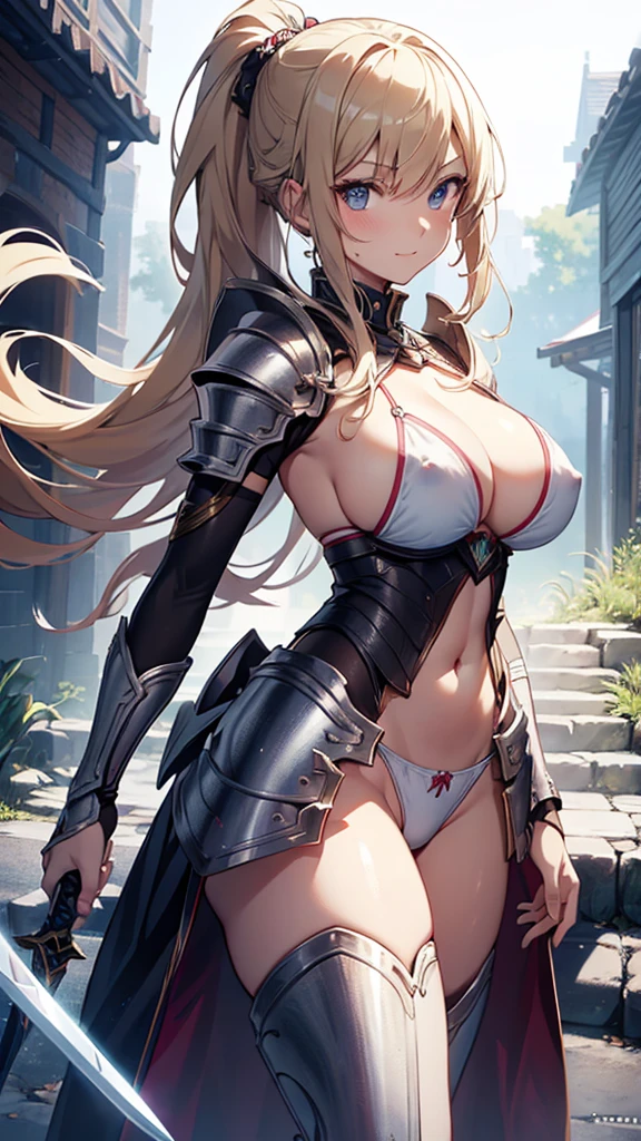 nsfw,8k,Masterpiece,(White Bikini),A woman wearing separate armor,Mature Woman,28 years old,Bikini Armor, The world of fantasy games set in another world,,Fight with a sword,battoujutsu stance,arms,(fighting stance),Sexy anime characters,Slender figure,Cleavage,belly button,ponytail,Blonde Hair,Long Hair,Shy smile,Flushed Cheeks, Knight Girl, Very detailed fan art, Detailed digital anime art, Anime Goddess, Anime illustration, Girl in Armor,Beautiful expression right down to your fingertips,Staring at the audience