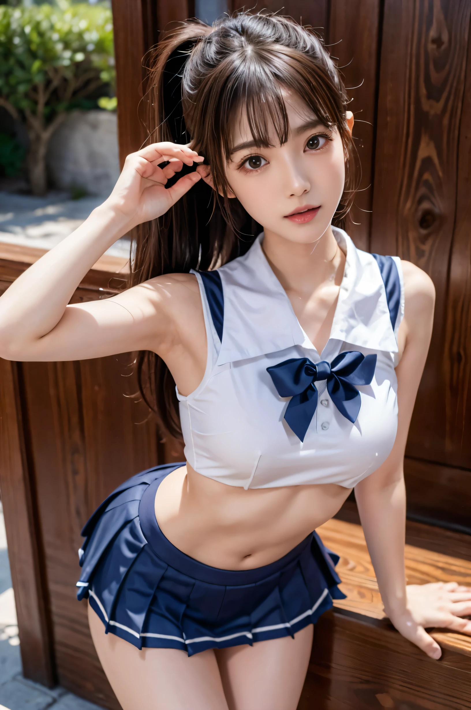 (Ultra HD), (Sailor suit, Navy blue mini skirt), Big Breasts, slender, Narrow waist), whole body, Standing posture, (Clean and shiny skin, Whitening, No makeup), (Super slim face, Super beautiful face), (Light Brown Ponytail, Layered Cut, Fluffy hair), (double eyelid, Slanted Eyes), Small Nose, Thin lips, Thin legs, school gate