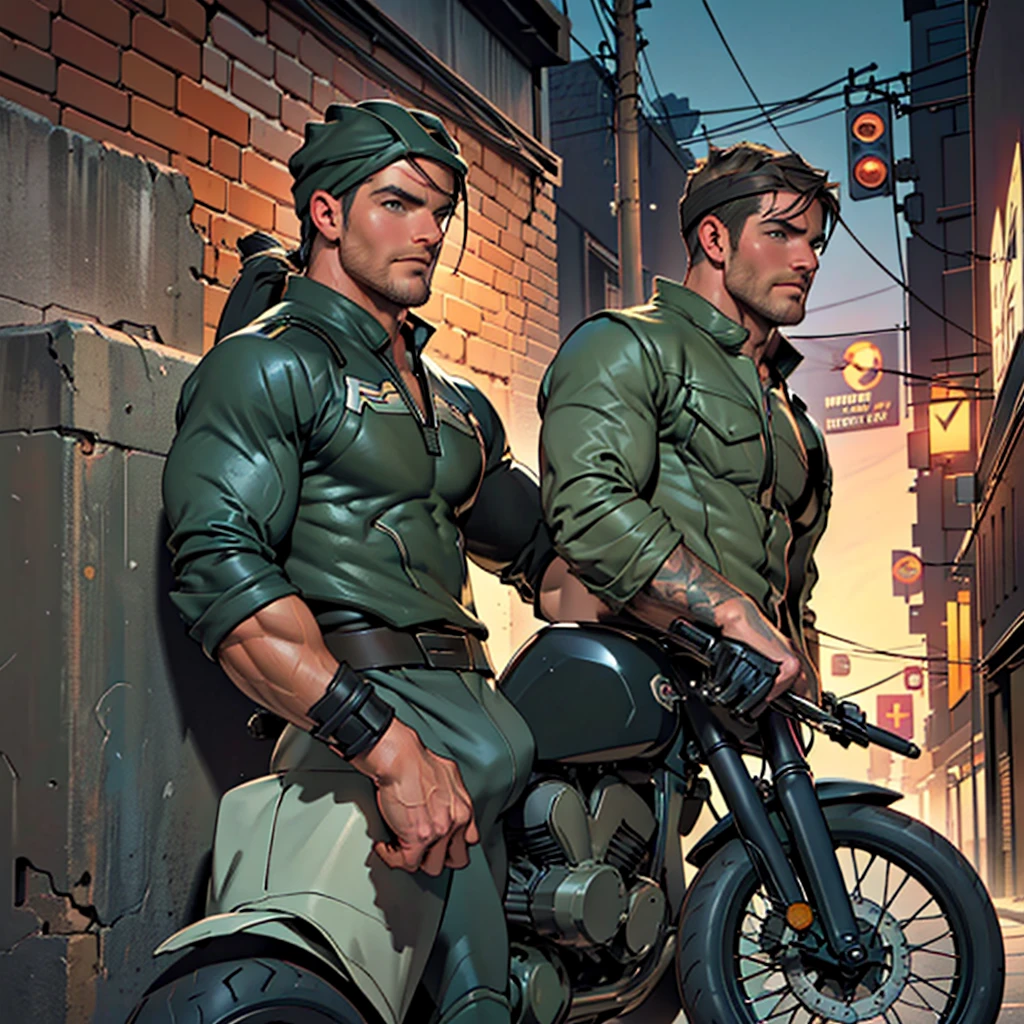 32k, high quality , detailed face , detailed hands , detailed muscles detailed motorcycle , (((stephen amell hunk and handsome , mature macho man ))) standing near his (((motorcycle 1.2))), posing in a street ,standing with spread legs, showing his muscles and a nice bulge, shirtless wearing a very very low dark green pants with brown belt, background brick wall with men health posters