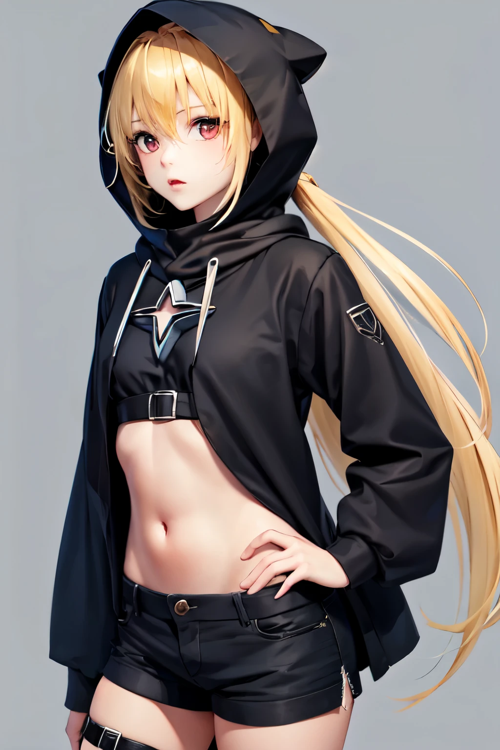 1 girl, adolescent, black hood, blue shorts, long and blond hair, 