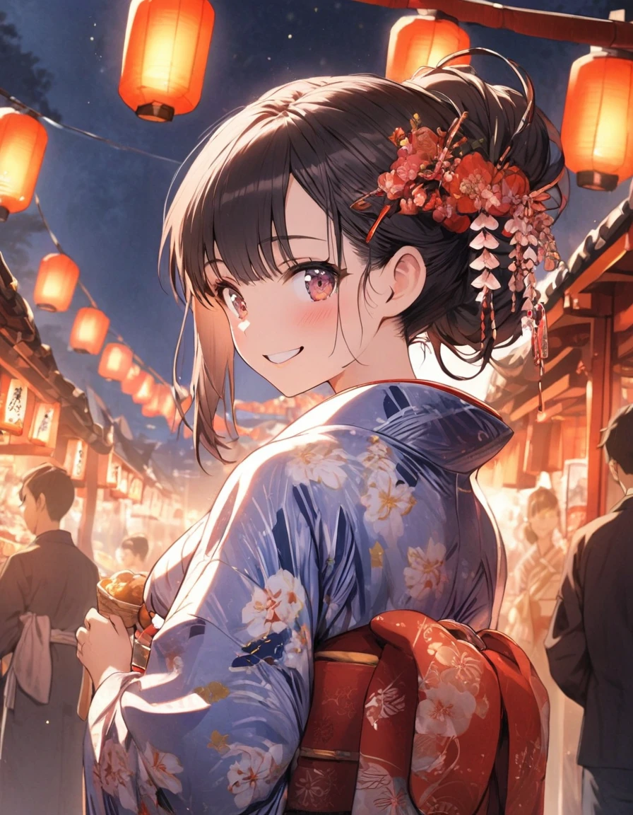 1girl,Tied hair, hair ornaments, festivals, yukata, shrines, bright lanterns, turning around, smiling, food stalls, night
