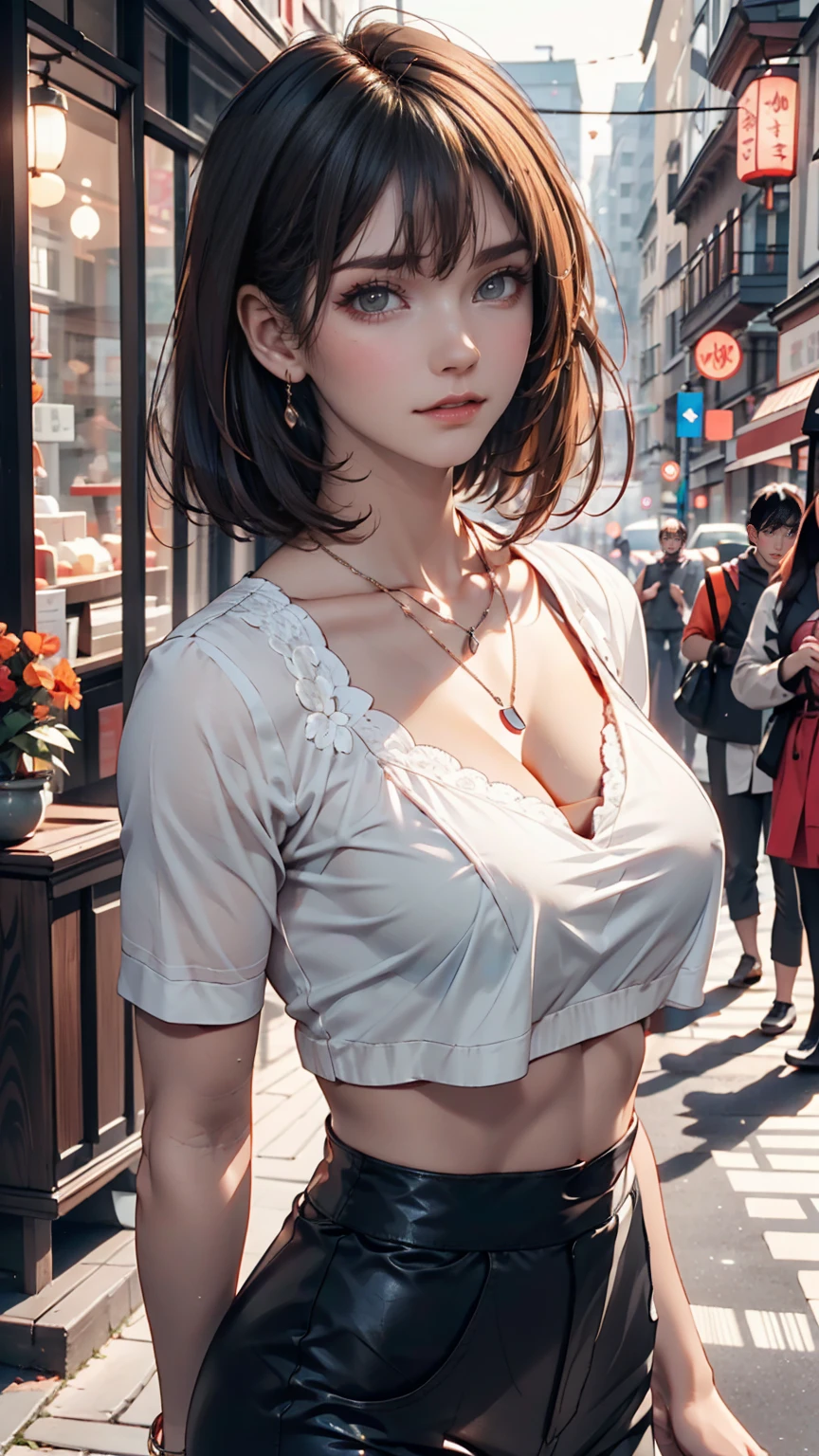 Curly Bob Cut, A platinum-haired woman in an orange collared shirt poses for a photo in the city, 8K Art Germany Bokeh, well-proportioned body, 美しいKorean women, Gorgeous Necklace, 美しい若いKorean women, Soft Portrait Shot 8k, Korean Girls, Double eyelids and narrow eyes, beautiful grey eyes, Trans8K, Cute young woman, Korean women, Beautiful blonde girl、Sexy proportions、Low rise leggings