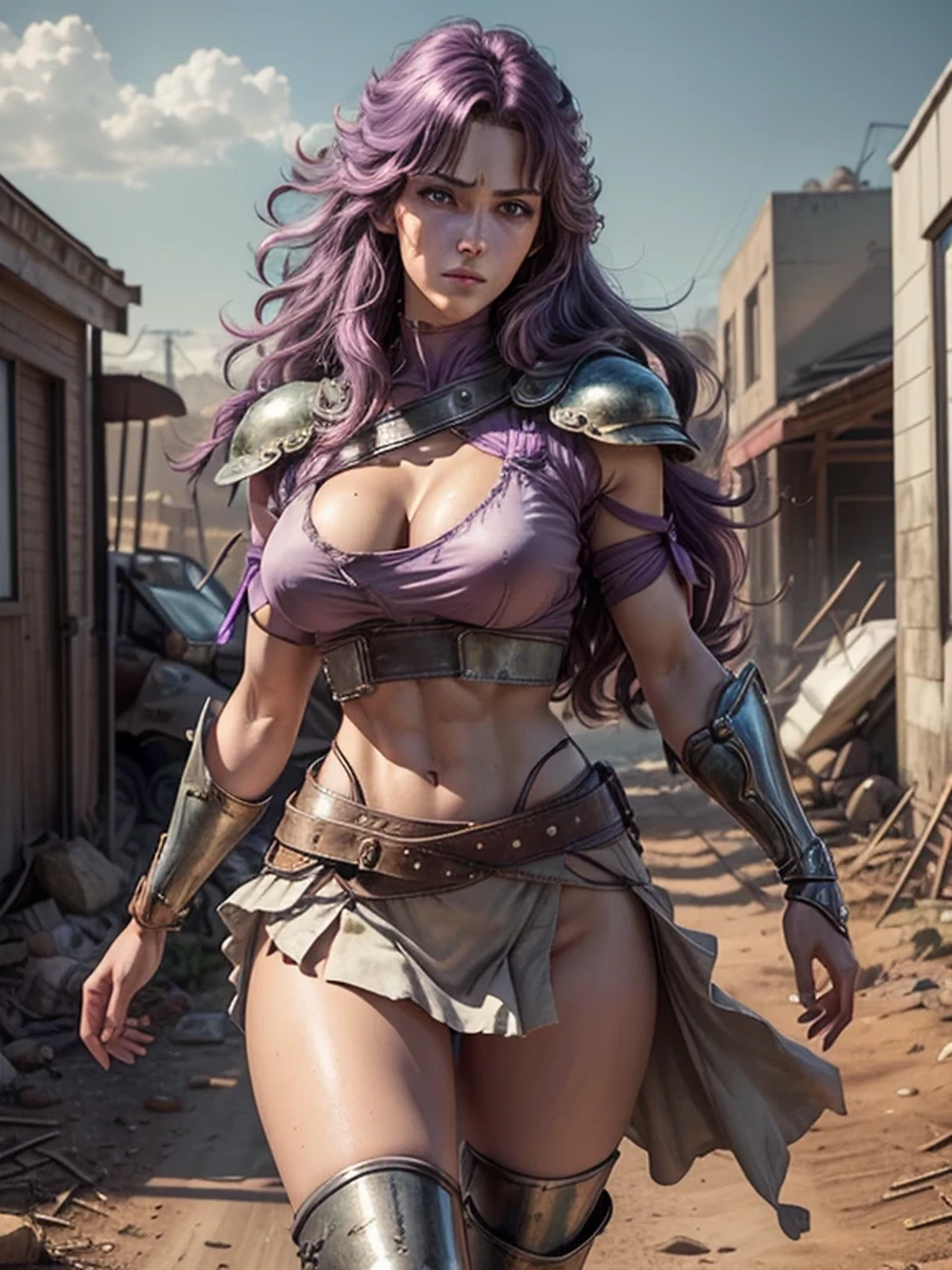 Fist of the North Star style, (Mamiya, muscular female, Light purple white shoulder guard, Shiny boots that reach the thighs), boots are navy blue, (Wearing a very short Flared miniskirt, Flared mini skirt are Light purple white, Light purple white short sleeve shirt, The shirt and skirt are made of the same material), 25 years old, Light purple white arm guard, Perfectly shaded body, Skin texture details, Muscular body details, (soft smiling:0.8), BREAKsexy pose, erotic body, Have a yo-yo, Sharp Eyes, pale blue eyes, (Bluish purple hair, Lightly wavy hair, Fluttering Hair, Lightly brush your hair up), firm big breasts, sexy thighs, fit and trained body with well defined muscles, long legged, muscular abdomen, Cleavage, warrior outfit, desolate wasteland, Well-formed face, slender, sensual, large breasts, (cool beauty), ruined world, threatening pose, A pretty woman with perfect figure, anime realism style, Accessories on the waist, devastating landscape, like a Mad Max, Light shines through the gaps in the clouds, Furrow one's brow, Dramatic art style, High heels, Highly detailed CG, (Perfect detail:1.1), high definition, high definition and beautiful, 8k wallpaper, natural soft lighting, HDR, Realistic Skin, Depth of written boundary, (masterpiece:1.2, Highest quality), (Detailed eyes and face:1.3), Sexy Body, sexy face, Clear facial features, The nipples are prominently, Partially visible panties, anime background art, The thighs are a little thick, overcast, Extremely finely detailed, 