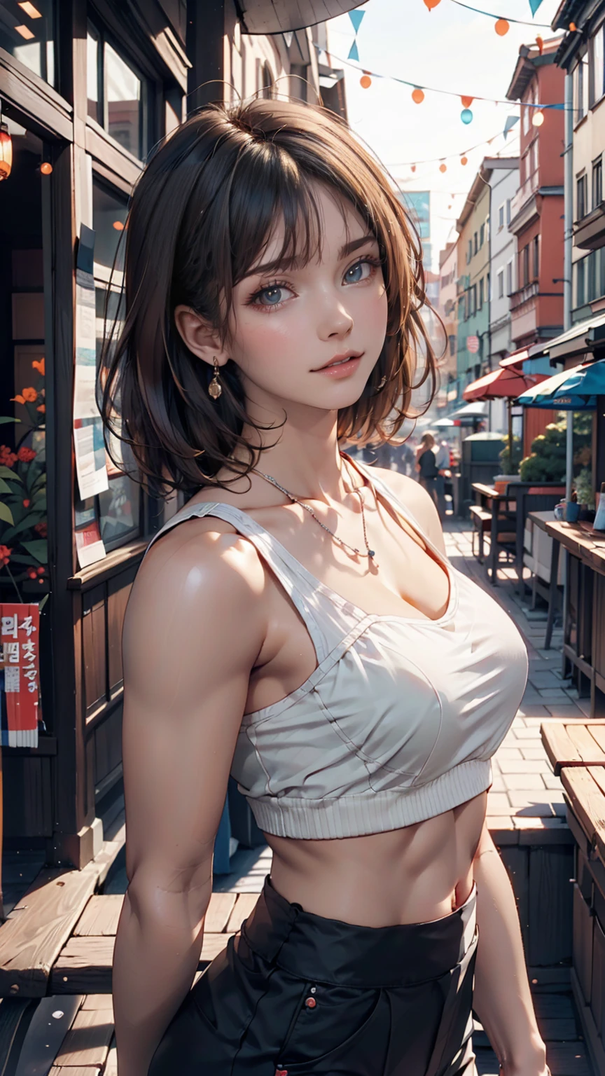 Curly Bob Cut, A platinum-haired woman in an orange collared shirt poses for a photo in the city, 8K Art Germany Bokeh, well-proportioned body, 美しいKorean women, Gorgeous Necklace, 美しい若いKorean women, Soft Portrait Shot 8k, Korean Girls, Double eyelids and narrow eyes, beautiful grey eyes, Trans8K, Cute young woman, Korean women, Beautiful blonde girl、Sexy proportions、Low rise leggings、