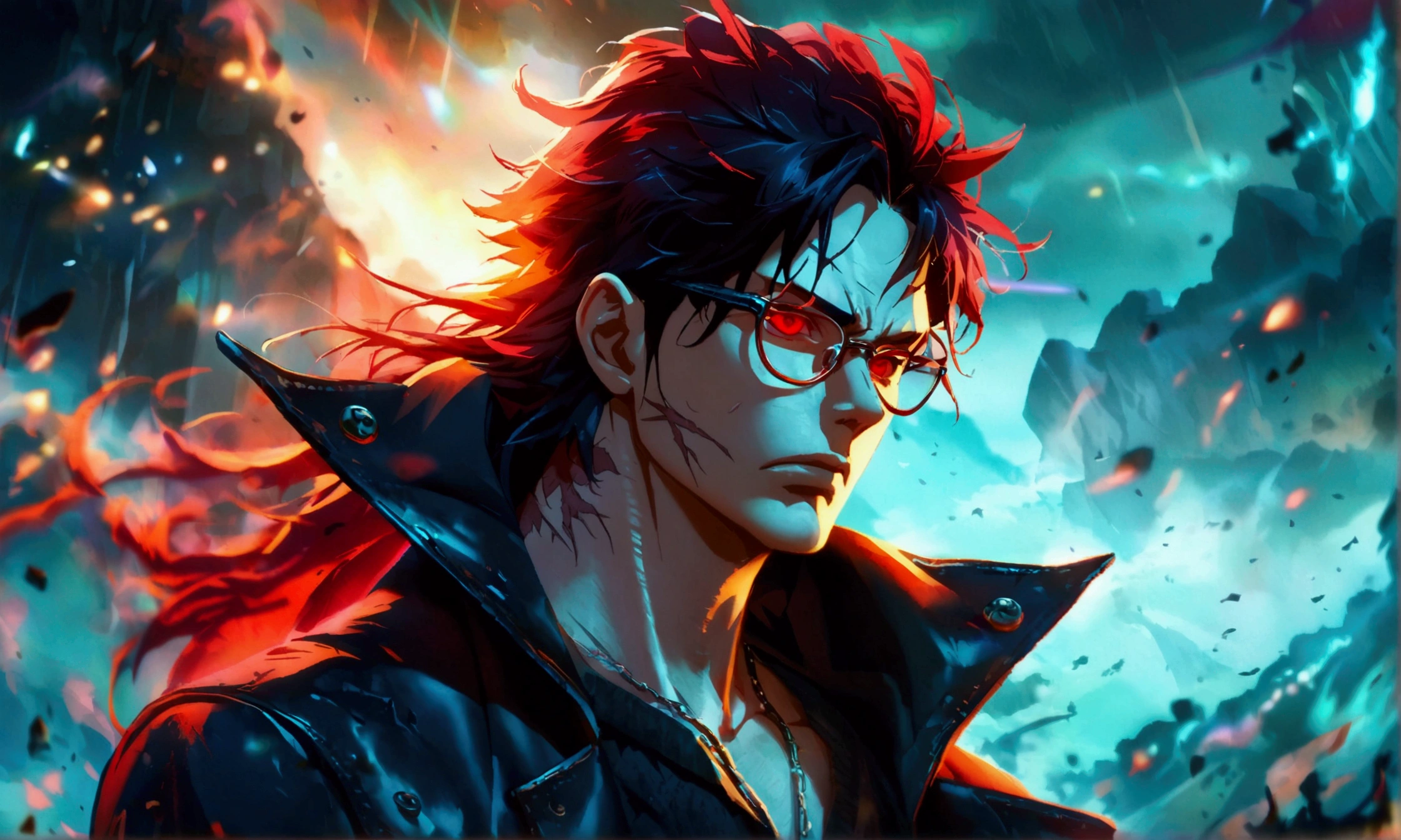 Man, red eye, long dark red hair, cut scar on neck, dark blue closed clothing, black overcoat, prescription glasses, serious expression, "Anime character design inspired by One Piece, full of dramatic and impressive lighting, focus on the centralized character, impressive face, full of creative details, ultra-fine 4K design, scenery bathed in creativity, boasting 2D anime resolution clarity, HD anime graphics, high-octane rendering"