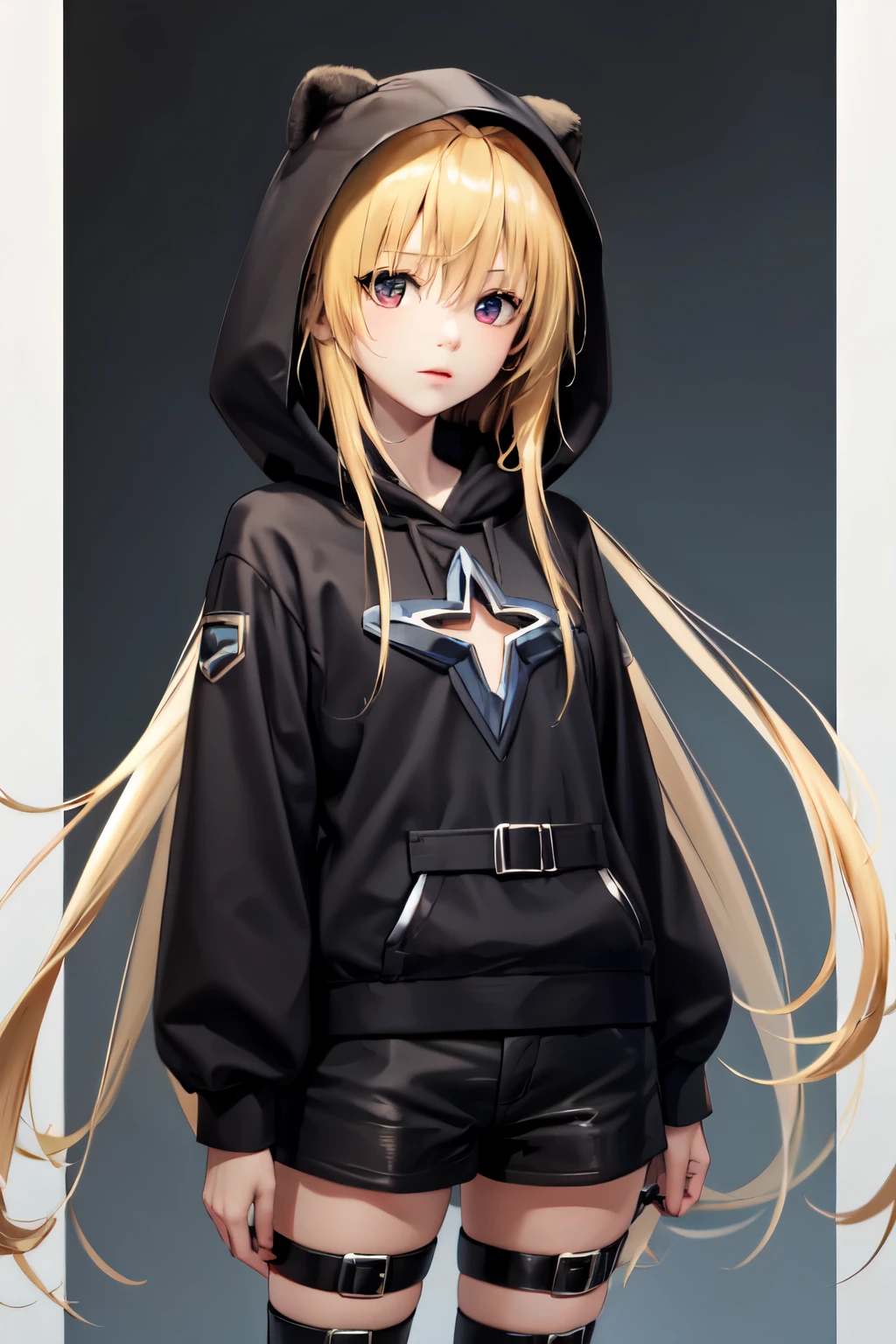 1 girl, adolescent, black hood, blue shorts, long and blond hair,