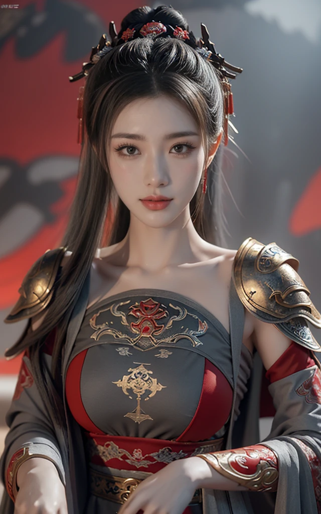masterpiece,Game Art,Best picture quality,Maximum resolution,8K,(portrait),Unreal Engine 5 rendering works,(Digital Photography),((portrait Feature:1.5)),
20 year old girl,Short hair details,Long bangs,(The red eye makeup is carefully applied),(With long gray hair:1.4),(Large target, Full breasts),Elegance and nobility,Brave and charming,Smiling at the camera,
(The future armor combines the characteristics of Chinese armor,hollow-carved design,Power Armor,Mysterious oriental runes,Exquisite clothing patterns,Magic Flash),Future Warrior,Cyberpunk Characters,War Background,
light,Ray Tracing,Game CG,((3D Unreal Engine)),OC rendering reflection mode