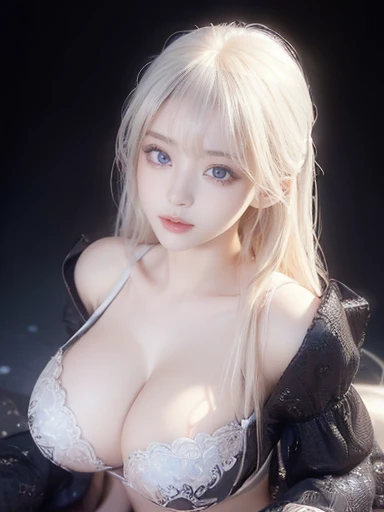 ((Highest quality))、((Very detailed))、(Detailed eyes:1.6))、((Seductive Pose:1.6))、(Huge breasts:1.3)、Platinum Blonde Hair、Black underwear、Shooting from below、Looking down at the viewer from above、Close to the audience