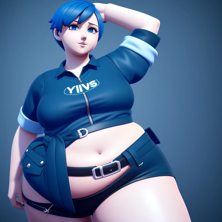 Young girl, a cartoon character light dark blue clothing, (short hair and dark blue), stylized character, animation character, stylized 3d render, 3d character, highly detailed character, stylized anime, stylized 3d, render character, character model, full body plus, maximum quality, coast view, ssbbw 