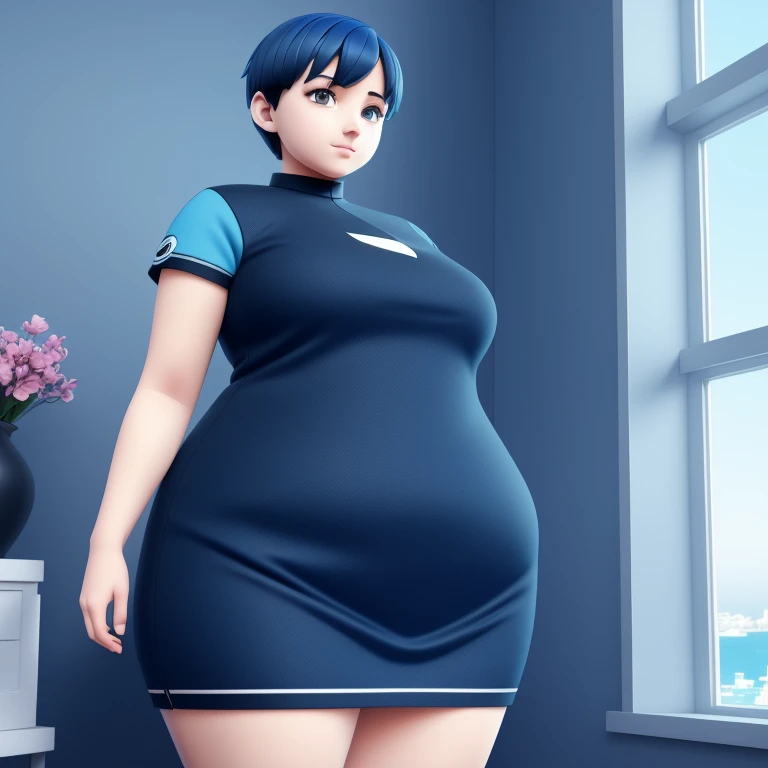 Young girl, a cartoon character light dark blue clothing, (short hair and dark blue), stylized character, animation character, stylized 3d render, 3d character, highly detailed character, stylized anime, stylized 3d, render character, character model, full body plus, maximum quality, coast view, ssbbw 