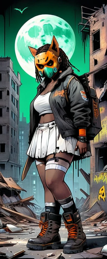 ghost mix cyberpunk style, a dark beautiful girl, wearing a Voorhees mask, extra big jumbo fat body, wearing a light white ragged baseball short fashion, light white short skirt, boots, the bat in his hand, squatting in the middle of a ruined city in front of a collapsed building, gives the impression of destroyed buildings, graffiti on the walls, dynamic pose, epic:1.6)), ((dark background, full moon night:1.4)), (Masterpiece),(Best Quality:1.4), (ultra high resolution:1.4), detailed painting, (((dark colors, Orange, green, yellow, intricate:1.5) ), (( Post Apocalyptic:1.4 )), (( Best Quality, Vibrant, 32k, well-defined lights and shadows without text:1.3).