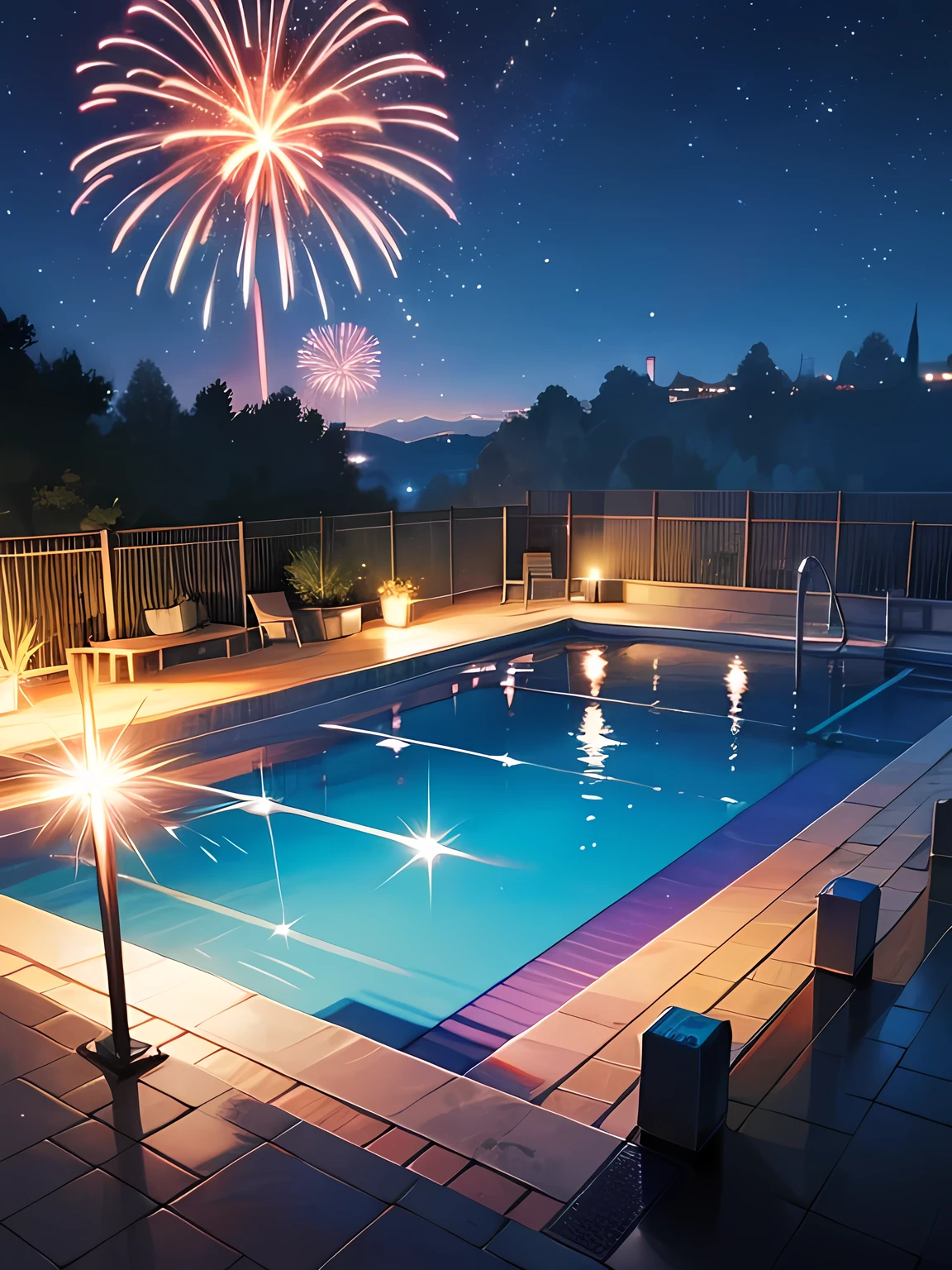 Night, gorgeous pool, fireworks, nohumans, beautiful scenery, highest image quality, best quality