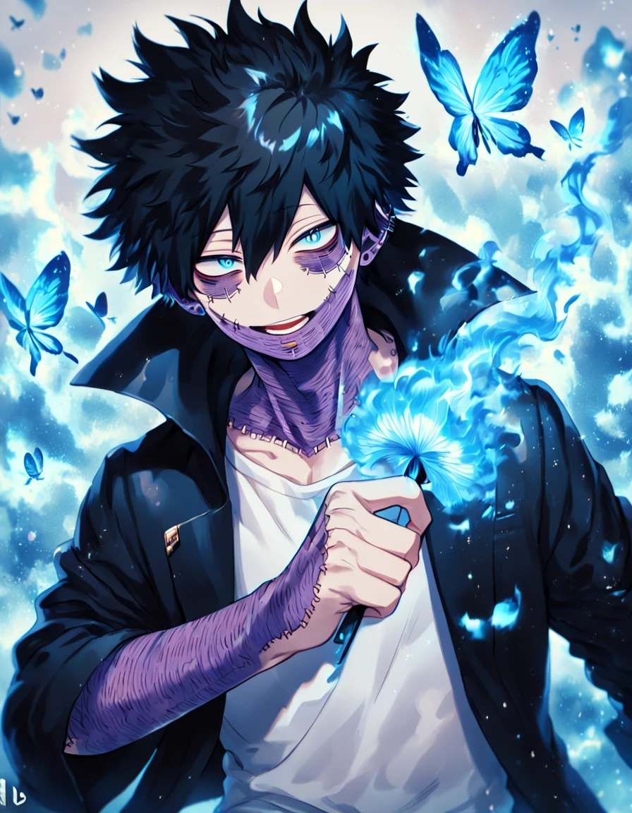 absurdres, highres, ultra detailed, HDR, master piece, best quality, extremely detailed face, delicated features, Dabi, black hair, expressive turquoise eyes, Boku No Hero Academia, solo, sexy man, handsome, black coat, white T-shirt, fantasy, magical, blue fire butterflies, fire flowers, blue fire, blue flames, blue flames in the background