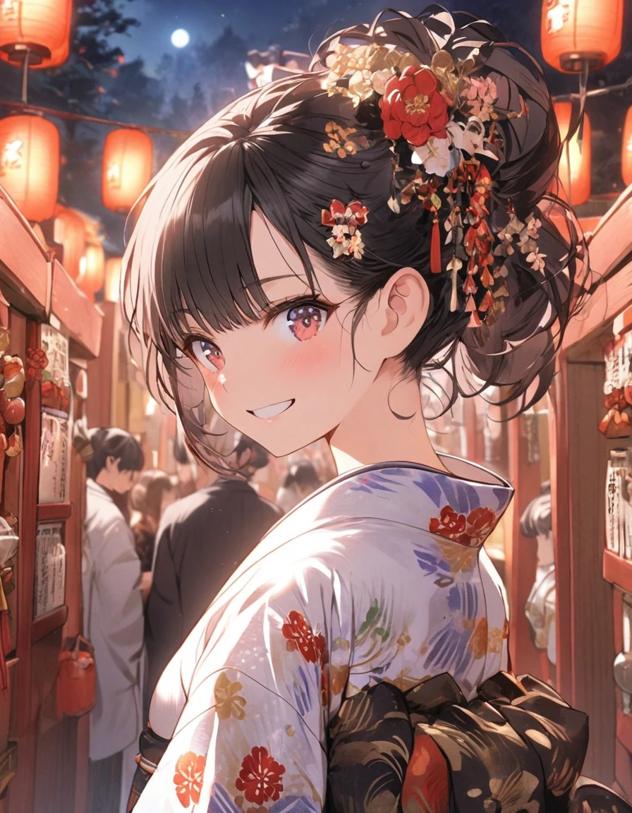 1girl,Tied hair, Black hair, hair ornaments, festivals, yukata, (((shrines))), bright lanterns, turning around, smiling, night