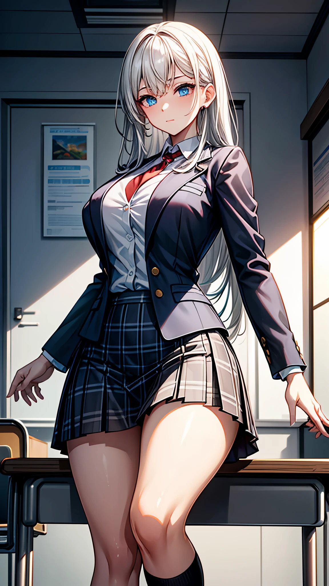 ((High Resolution)), ((Lighting and Color)), ((masterpiece)), ((Focus and Clarity)), ((Sharpness Settings)), ((sexy)), ((Exposure Correction)), ((short skirt)), (long stockings)), A stunning woman with long, flowing white hair and striking blue eyes stands elegantly in a school setting. She is dressed in a stylish yet sophisticated outfit, perhaps a tailored blazer and skirt or a chic blouse and trousers. The school environment around her features modern classrooms with large windows, neatly arranged desks, and educational posters on the walls. Her confident and serene expression adds to her presence, while her bright blue eyes draw attention against her white hair. The setting exudes a blend of academic professionalism and subtle elegance, highlighting her unique and captivating beauty
