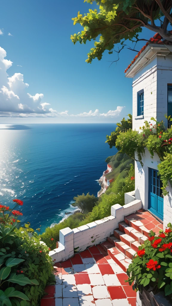Striking view from the porch of an old white brick house, perched on a cliff overlooking the ocean. The little house has a small garden area with a few plants and flowers, and a set of stairs leading up to it, red tiles with white grout, cracked walls. The cliff is covered in lush greenery, with trees and bushes. deep blue sea below. The sky above is a clear blue with a few scattered white clouds, sharp focus, hyperrealistic, vibrant colors, HDR, 32k