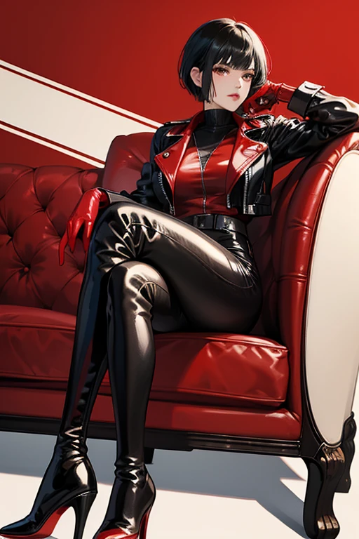 A mature woman with black hair and bangs cut short, wearing red patent leather gloves, a black leather jacket, black patent leather leggings, and red patent leather knee-high boots.