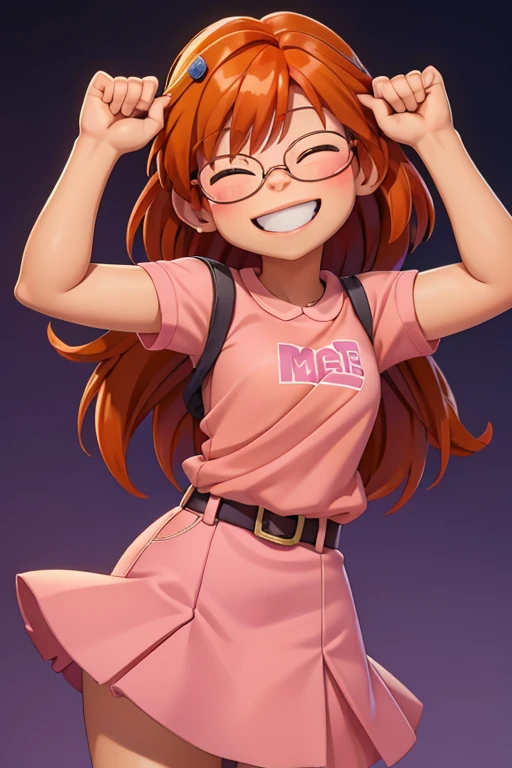 Meilin Lee, orange hair, glasses, pink shirt, skirt, smiling, eyes closed