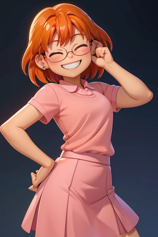 Meilin Lee, orange hair, glasses, pink shirt, skirt, smiling, eyes closed