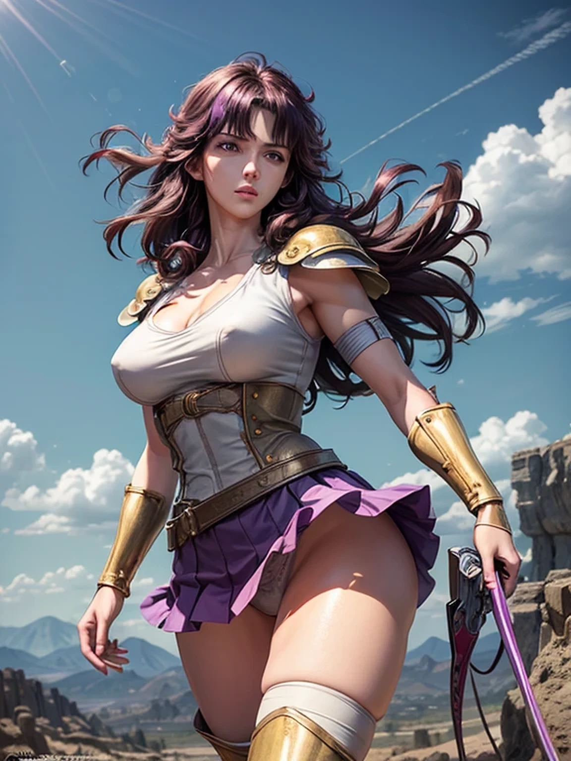 Fist of the North Star style, (Mamiya, muscular female, Light purple white shoulder guard, Shiny boots that reach the thighs), boots are navy blue, (Wearing a very short Flared miniskirt, Flared mini skirt are Light purple white, Light purple white short sleeve shirt, The shirt and skirt are made of the same material), 25 years old, Light purple white arm guard, Perfectly shaded body, Skin texture details, Muscular body details, (soft smiling:0.8), BREAKsexy pose, erotic body, Have a yo-yo, Sharp Eyes, pale blue eyes, (Bluish purple hair, Lightly wavy hair, Fluttering Hair, Lightly brush your hair up), firm big breasts, sexy thighs, fit and trained body with well defined muscles, long legged, muscular abdomen, Cleavage, warrior outfit, desolate wasteland, Well-formed face, slender, sensual, large breasts, (cool beauty), ruined world, threatening pose, A pretty woman with perfect figure, anime realism style, Accessories on the waist, devastating landscape, like a Mad Max, Light shines through the gaps in the clouds, Furrow one's brow, Dramatic art style, High heels, Highly detailed CG, (Perfect detail:1.1), high definition, high definition and beautiful, 8k wallpaper, natural soft lighting, HDR, Realistic Skin, Depth of written boundary, (masterpiece:1.2, Highest quality), (Detailed eyes and face:1.3), Sexy Body, sexy face, Clear facial features, The nipples are prominently, Partially visible panties, anime background art, The thighs are a little thick, overcast, Extremely finely detailed, 