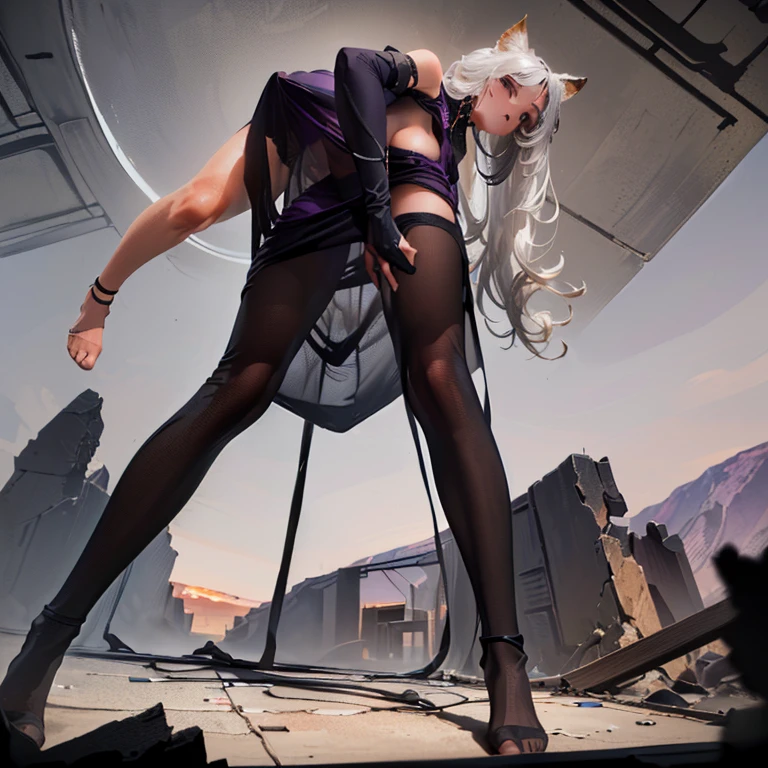 (8k, Realistic, RAW Photos, Highest quality, (from below:2), View your viewers: 1.3), (Fox Girl, Fox Ears, Silver Hair, One Girl, Long Hair, (Alone on the screen, dark skin), High definition:1.6), (Purple clothes, Outfit black see through dress:1.8), (Body measurements are 99-55-77!, Nice body, Big Breasts, slender, muscle, (Stand with your legs apart, I can see the valley, bent over):1.9),(美しいface, Delicate drawing, It is written down in detail), Avatar, face, 色っぽいface, Dominant representation, naughty face, Uplifting, Skin Texture, outside, ruins, Ruined City, Broken Building, There are no people