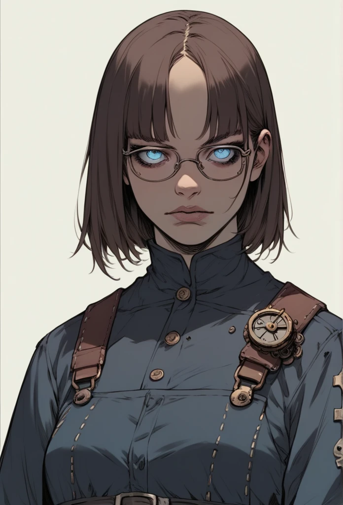 (score_9, score_8_up), score_7_up, zPDXL, Steampunk, girl, mechanic, glasses on her forehead, short dark brown hair, straight bangs, bright blue eyes,, cowboy shot sinozick style