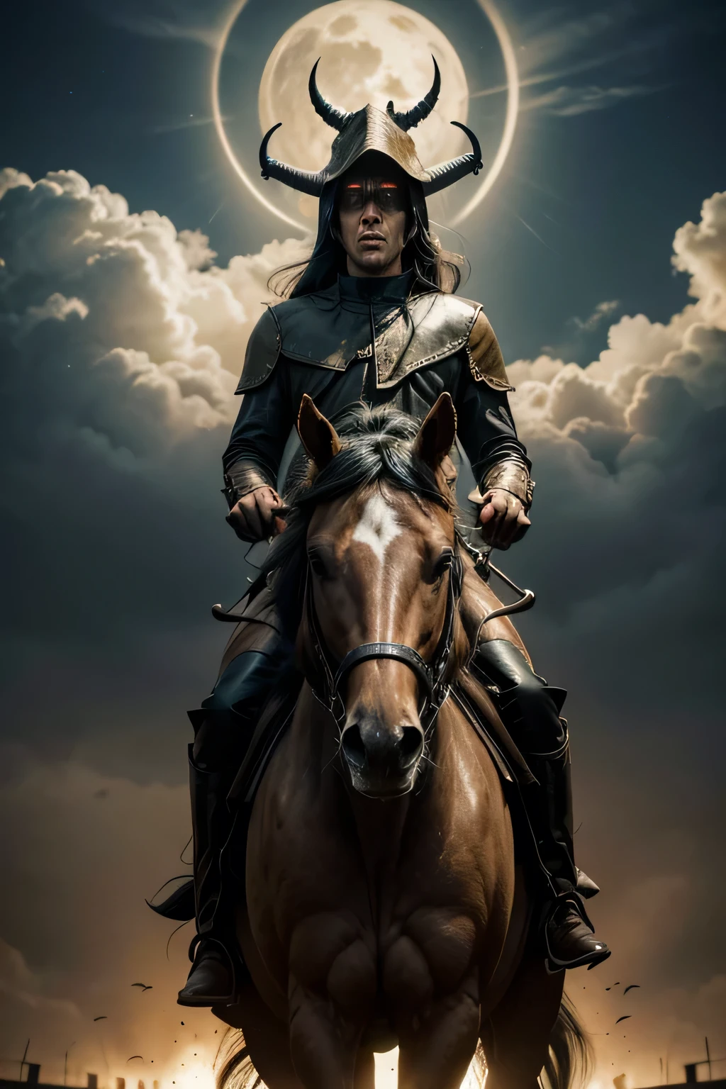 Horsemen of the apocalypse entering from the yellowish cloudy sky with their trumpets, announcing the final judgment, World's End, apocalyptic event, surreal