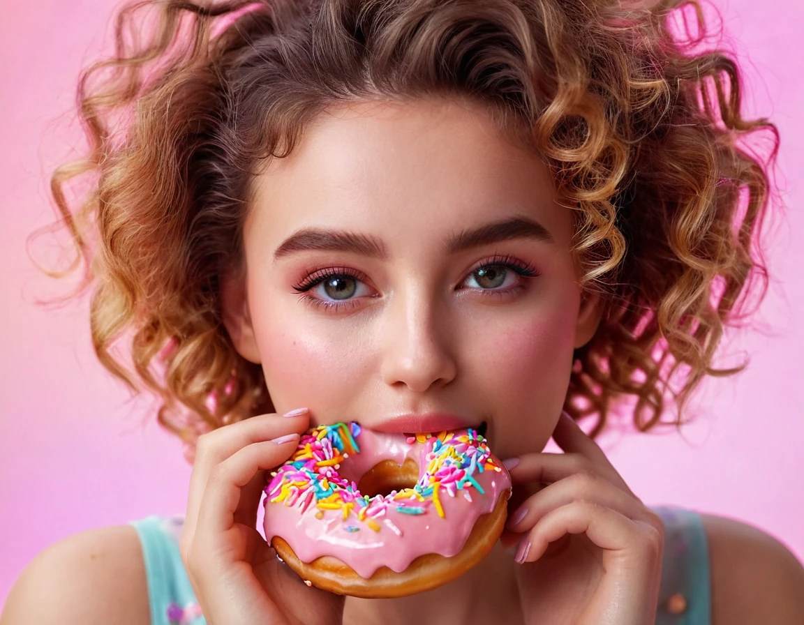 a girl eating a donut, detailed facial features, beautiful curly hair, delicate skin, sweet expression, pink donut, colorful sprinkles, fluffy pastry, shiny glaze, warm lighting, cinematic composition, vibrant colors, highly detailed, photorealistic, 8k, masterpiece