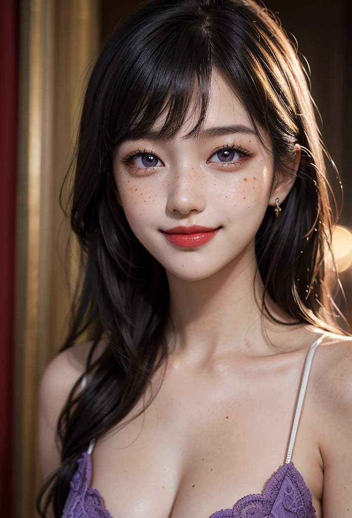 1 Girl, 19 years old, south korean, 4k, masterpiece, realistic, long whavy black hair with bangs, shining purple pupils, shining red lips, red eyeliners, freckles, big smug smile, closed mouth, bright colors, face close up, face focus.
