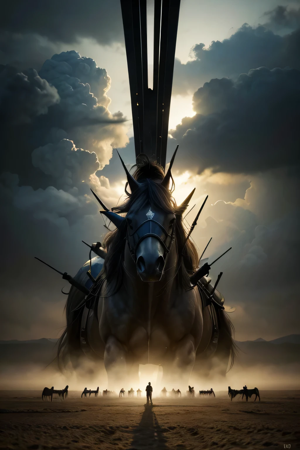 Horsemen of the apocalypse entering from the yellowish cloudy sky with their trumpets, announcing the final judgment, World&#39;s End, apocalyptic event, surreal