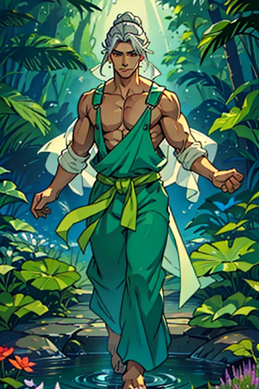 Full body image of a man of measured and defined build, radiating a serene and welcoming aura. Your hair is of medium length, with silver threads that shine in the light, neatly tied into a bun on top of the head. Their eyes, of an intense silver tone, convey calm and understanding, as if he could see directly into the soul of whoever looked at him. He wears a pair of sturdy fabric gardening overalls., but comfortably adjusted to your body, denoting an uncomplicated and functional style. About the jumpsuit, heavenly veils float, around the waist, in shades of green and yellow, that move gracefully with the breeze, as if they were an extension of your own essence. These veils, in addition to decorating, seem to emanate a soft glow, giving it an almost ethereal appearance. bare feet with plants around the legs, Your presence is enchanting, capable of bringing comfort and enchantment to those around you. With each movement, there's a touch of silver magic, reflecting your inherent power. He can make small objects levitate, or create patterns of silver light in the air with a simple gesture, a reflection of your gifts and your deep connection with the silver element. Your voice is calm and melodious, always full of understanding and empathy, easily gaining the trust and respect of everyone who meets him.