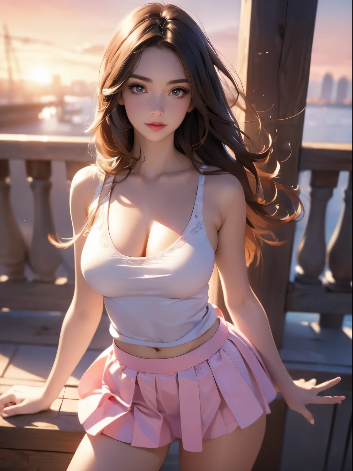 ((masterpiece)),((best quality)),((high detail)),((realistic,)), 1 shy girl, shy expression, elegant makeup, long brown hair, seductive eyes, bright lips, sexy pose, (beautiful detailed face: 1.0), smiling, feminine approach, tank top, tight t-shirt, big breasts, pointed breasts, (perfect body), prominent nipples, bare abdomen, pink mini-skirt, wind blowing, panties under the skirt, white panties, standing and watching the sky, sunset in the city, tight clothes,