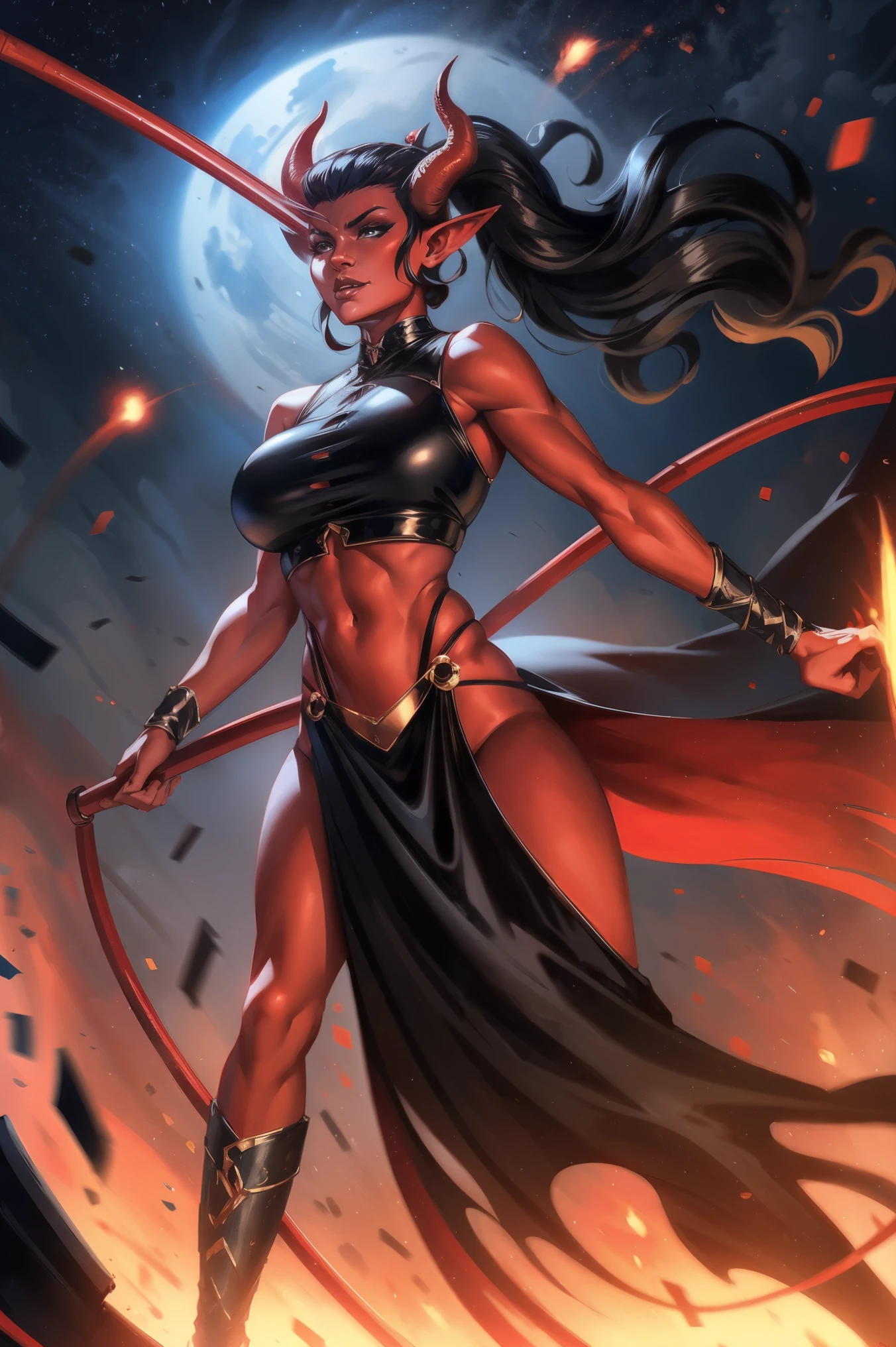 Red skin succubus tiefling, gigantic breasts, black horns, wings, huge tail, black leather, crop top, long flowing pelvic curtain, tall, toned, graceful, thin, long black ponytail. Action scene, whip. Dark scene, explosions, night sky.