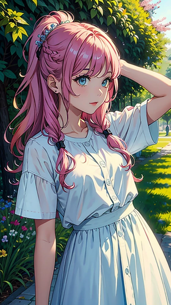 masterpiece, Highest quality, Spring outfit, Colorful Hair, Outdoor, ,Upper Body,