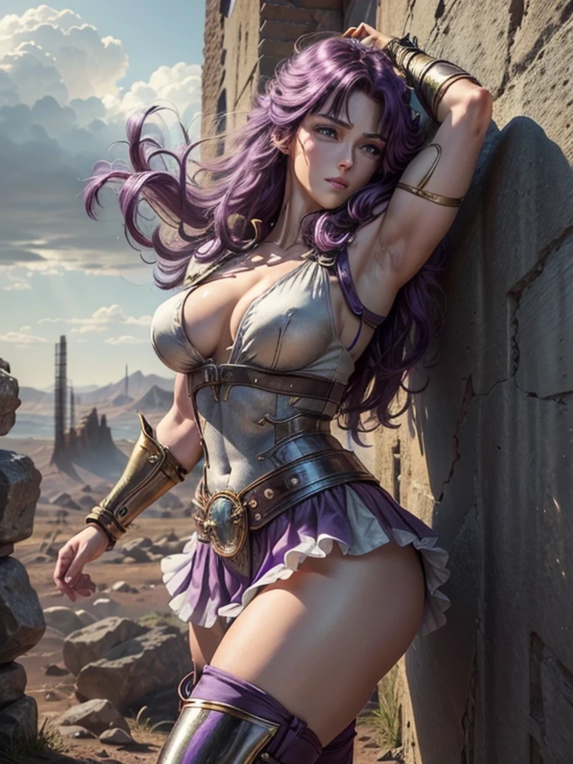 Fist of the North Star style, (Mamiya, muscular female, Light purple white shoulder guard, Shiny boots that reach the thighs), boots are navy blue, (Wearing a very short Flared miniskirt, Flared mini skirt are Light purple white, Light purple white short sleeve shirt, The shirt and skirt are made of the same material), 25 years old, Light purple white arm guard, Perfectly shaded body, Skin texture details, Muscular body details, (soft smiling:0.8), BREAKsexy pose, erotic body, Have a yo-yo, Sharp Eyes, pale blue eyes, (Bluish purple hair, Lightly wavy hair, Fluttering Hair, Lightly brush your hair up), firm big breasts, sexy thighs, fit and trained body with well defined muscles, long legged, muscular abdomen, Cleavage, warrior outfit, desolate wasteland, Well-formed face, slender, sensual, large breasts, (cool beauty), ruined world, threatening pose, A pretty woman with perfect figure, anime realism style, Accessories on the waist, devastating landscape, like a Mad Max, Light shines through the gaps in the clouds, Furrow one's brow, Dramatic art style, High heels, Highly detailed CG, (Perfect detail:1.1), high definition, high definition and beautiful, 8k wallpaper, natural soft lighting, HDR, Realistic Skin, Depth of written boundary, (masterpiece:1.2, Highest quality), (Detailed eyes and face:1.3), Sexy Body, sexy face, Clear facial features, The nipples are prominently, Partially visible panties, anime background art, The thighs are a little thick, overcast, Extremely finely detailed, 