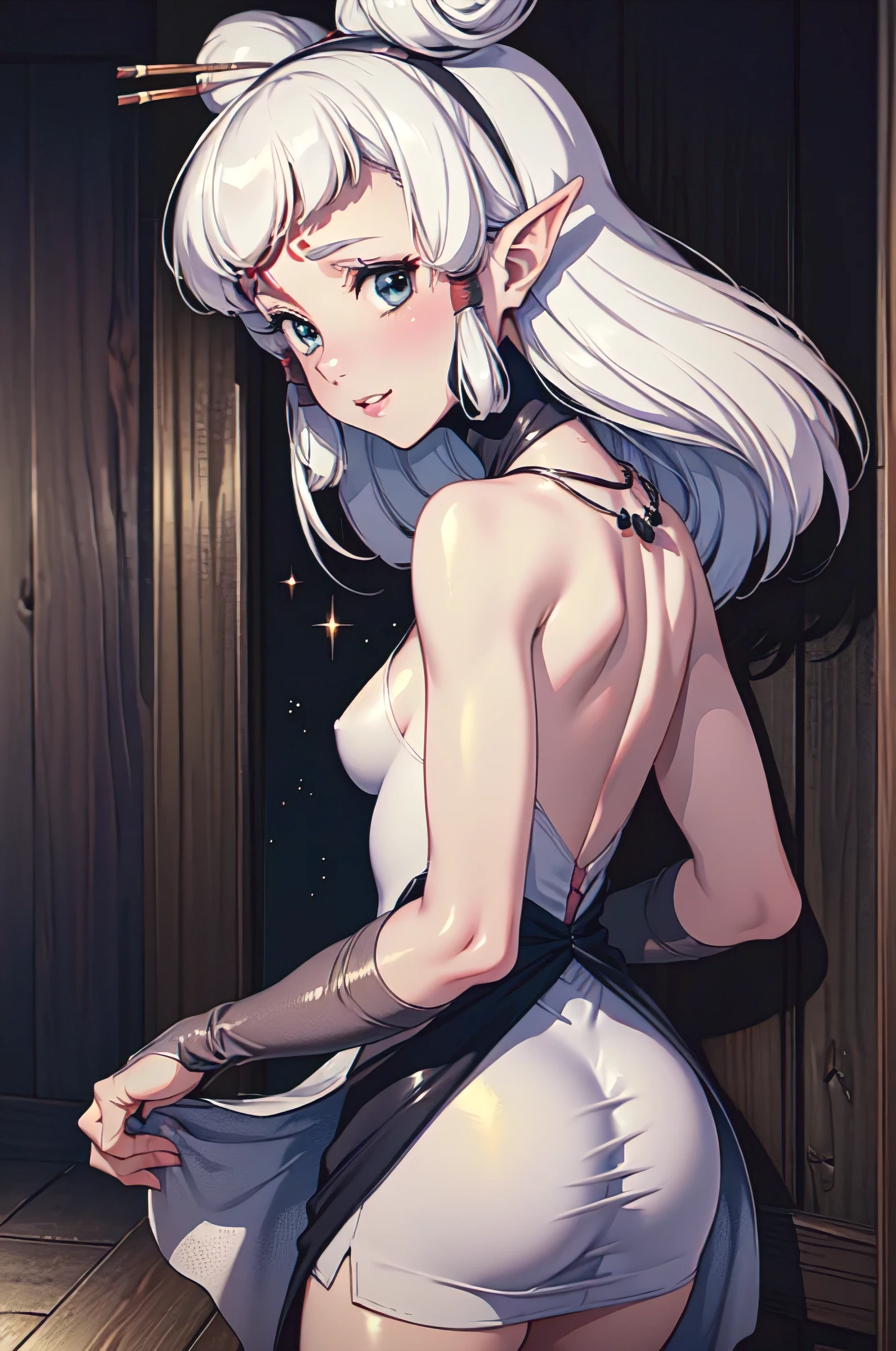 Paya, (masterpiece:1.1), (best quality:1.1), 1girl, Real light and shadow, anime face, 4k, 8k, wallpaper,epic, detail texture, Paya, elf ears, pointy ears, White hair, (blue eyes:1.5), ((((white hair:1.35, long hair)))),intricate eyes,beautiful detailed eyes, (symmetrical eyes,big eyes:1.5,(((lustrous skin:1.5,bright skin: 1.5,skin tanned,shiny skin,very shiny skin,shiny body,plastic glitter skin,exaggerated shiny skin,illuminated skin))),(detailed body,(detailed face)), cute, erotic,daring, jersey, number zero, basketball uniform, blue shorts, orange trim, shirt tucked in, from behind, tired, parted lips, looking at viewer, room, wooden wall, wooden floor, (Beautiful, small Breasts:1.2), natural breasts, best quality, masterpiece, very aesthetic, dress, jewelry, flower, wedding dress, veil, necklace, elbow gloves, smile, looking at viewer, (dynamic pose:1.0),happy,smile,(centered,scale to fit dimensions,Rule of thirds), highres,sharp focus,(ultra detailed,extremely detailed),(photorealistic artwork:1.37),(extremely detailed CG unity 8k wallpaper),(((vibrant colors,vibrant theme))),(intricate),(masterpiece),(best quality),
