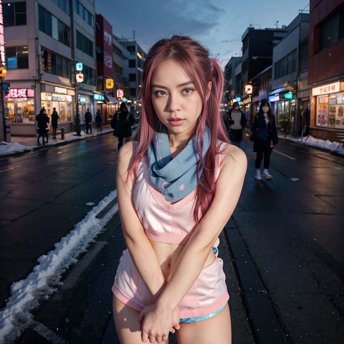 Anime girl aged 25+, Japanese style, sad about her beautiful face. Sparkling blue eyes Beautiful long dark pink hair Wear sneakers and a sleeveless shirt while standing in the middle of the city. Busy street, wearing a scarf, pretty fingers, pink lips The sky is full of snow at night Sharp images at Full HD 8K level, sharp details, beautiful images.
