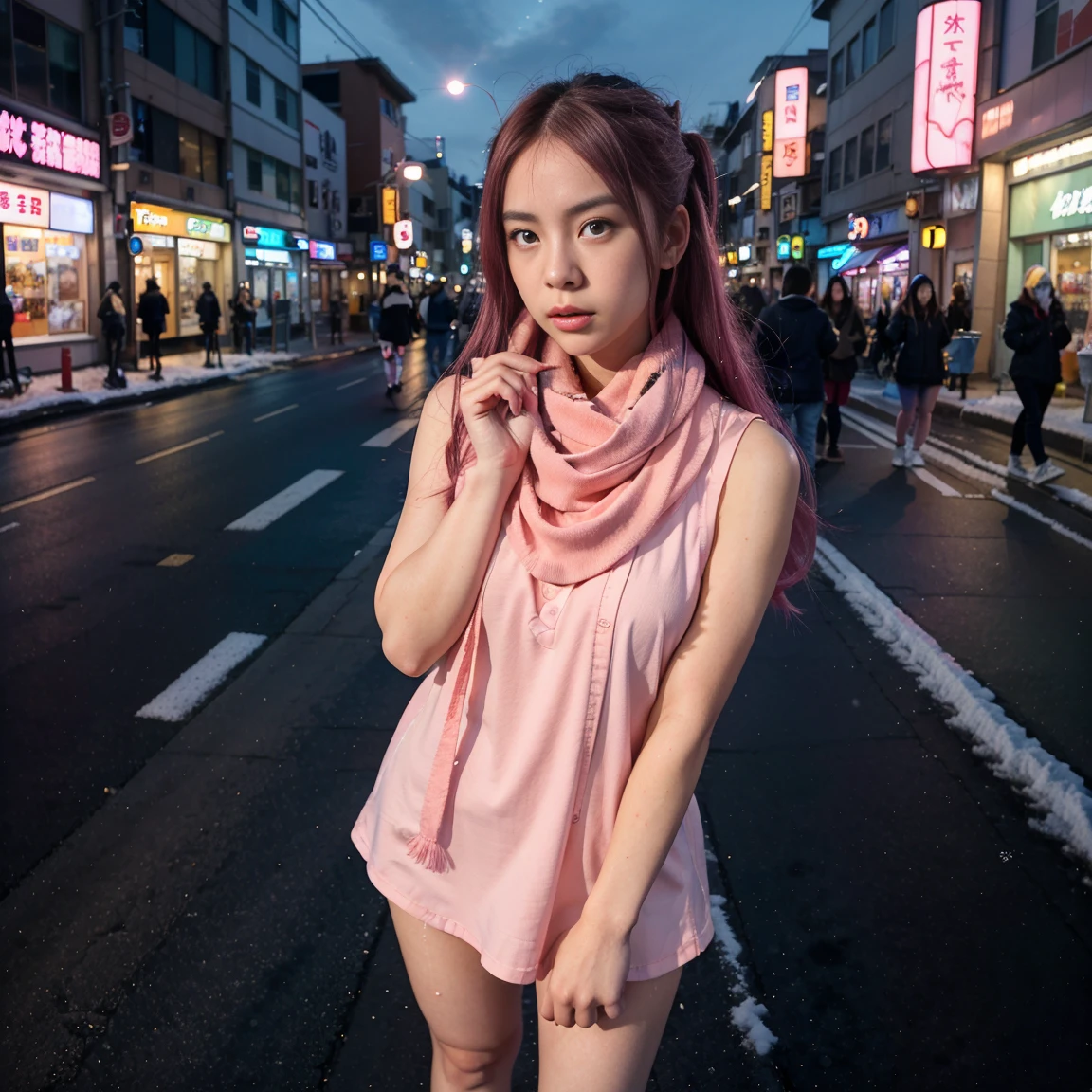 
Anime girl aged 25+, Japanese style, sad about her beautiful face. Sparkling blue eyes Beautiful long dark pink hair Wear sneakers and a sleeveless shirt while standing in the middle of the city. Busy street, wearing a scarf, pretty fingers, pink lips The sky is full of snow at night Sharp images at Full HD 8K level, sharp details, beautiful images.