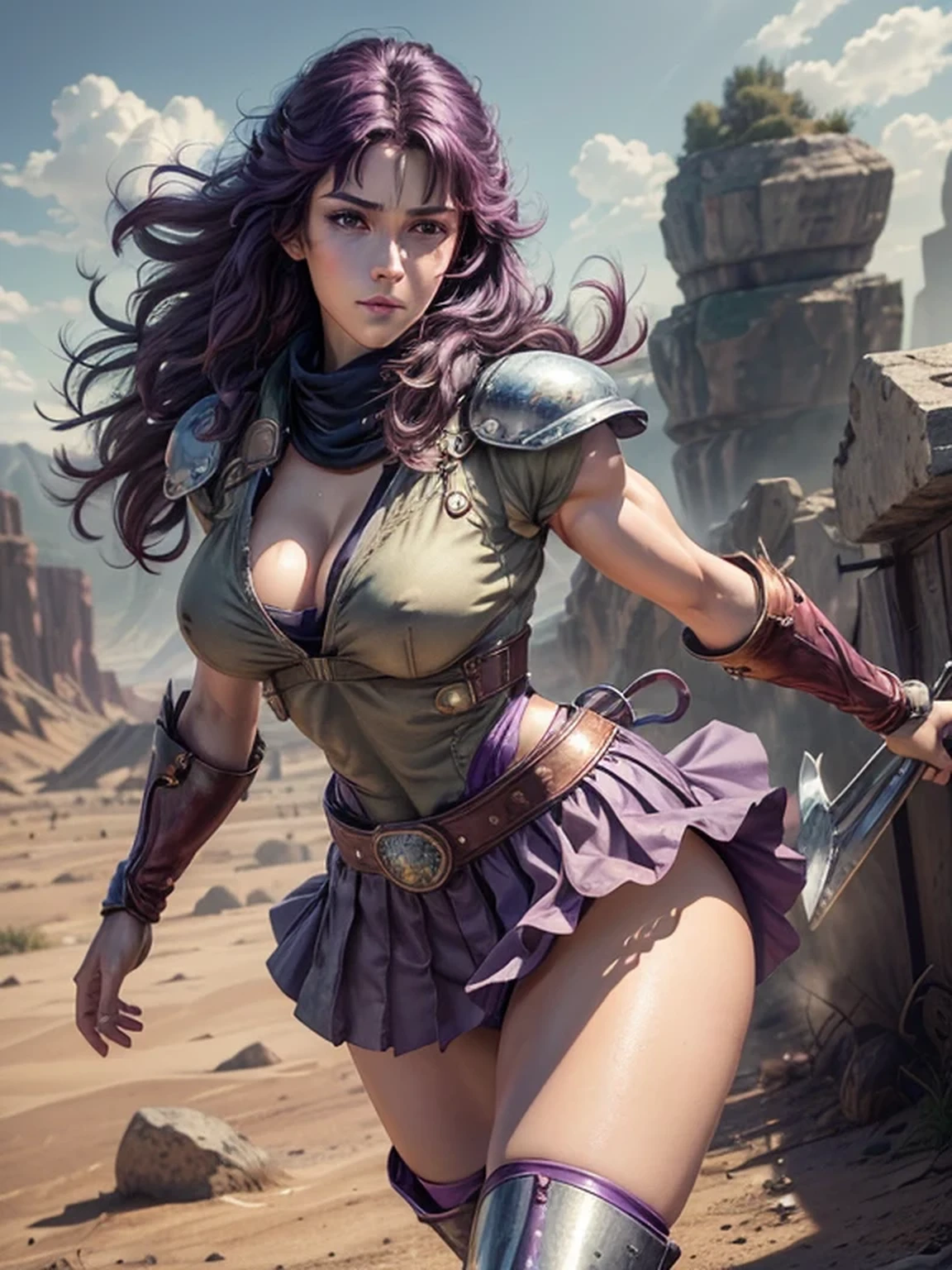 Fist of the North Star style, (Mamiya, muscular female, Light purple white shoulder guard, Shiny boots that reach the thighs), boots are navy blue, (Wearing a very short Flared miniskirt, Flared mini skirt are Light purple white, Light purple white short sleeve shirt, The shirt and skirt are made of the same material), 25 years old, Light purple white arm guard, Perfectly shaded body, Skin texture details, Muscular body details, (soft smiling:0.8), BREAKsexy pose, erotic body, Have a yo-yo, Sharp Eyes, pale blue eyes, (Bluish purple hair, Lightly wavy hair, Fluttering Hair, Lightly brush your hair up), firm big breasts, sexy thighs, fit and trained body with well defined muscles, long legged, muscular abdomen, Cleavage, warrior outfit, desolate wasteland, Well-formed face, slender, sensual, large breasts, (cool beauty), ruined world, threatening pose, A pretty woman with perfect figure, anime realism style, Accessories on the waist, devastating landscape, like a Mad Max, Light shines through the gaps in the clouds, Furrow one's brow, Dramatic art style, High heels, Highly detailed CG, (Perfect detail:1.1), high definition, high definition and beautiful, 8k wallpaper, natural soft lighting, HDR, Realistic Skin, Depth of written boundary, (masterpiece:1.2, Highest quality), (Detailed eyes and face:1.3), Sexy Body, sexy face, Clear facial features, The nipples are prominently, Partially visible panties, anime background art, The thighs are a little thick, overcast, Extremely finely detailed, 