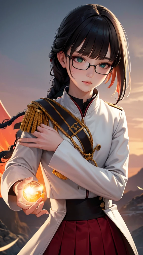 (highest resolution),(beautiful picture),sci-fi movie poster,(สไตล์ภาพscience fiction),(best quality),(Masterpiece),(Maximum face detail),((semi-realistic)), Maximum face resolution, adult, woman,east asian people, small, black hair,(Bangs) double braid hairstyle, smooth, green eyes,red glasses,(high class military uniform),long skirt,white coat,future,science fiction 