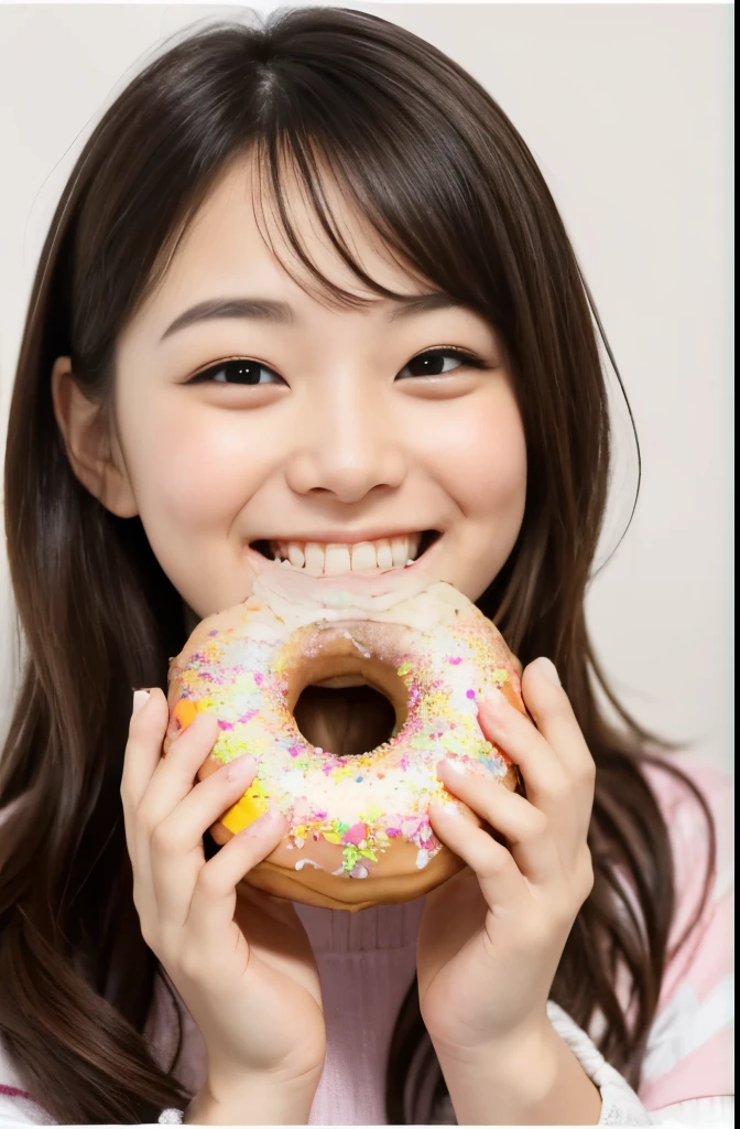 Eating Donuts, 1 girl, Donuts in both hands, Happy Face