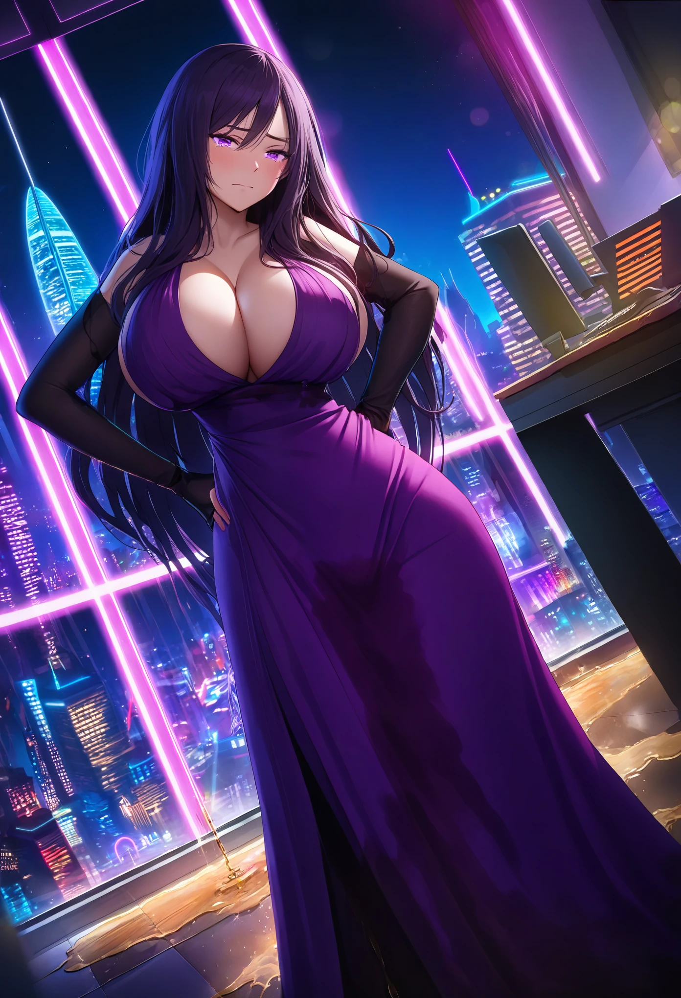 woman, man, very dark purple hair, purple eyes, long hair, large breasts, very long dress, very tight dress, standing straight, (wetting herself:1.5), best quality, ultra-detailed, HDR, studio lighting, professional, vivid colors, sharp focus, bokeh, landscape, office, night, window, cityscape, colorful city, neon lights, futuristic, science fiction, soft lighting, dynamic shadows, (embarrassed:1.25), (humiliation:1.25), (blushing:1.25), angry, tears, facing viewer, (hands on hips:1.5)