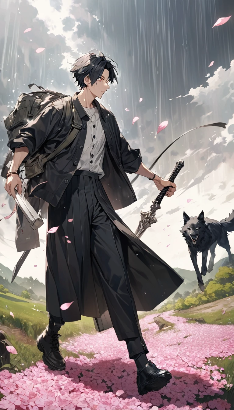 photo of an anime character (jujutsu KAISEN) named "yuta okkotsu" with black hair, sharp eyes, "jujutsu kaisen" shirt with buttons on the side, white, long black Jujutsu kaisen trousers, with cherry blossom petal effect that was flying, and the falling raindrops were drenching, and the white sword was stuck on his back, he was walking with a black wolf. along with a realistic rural background.
