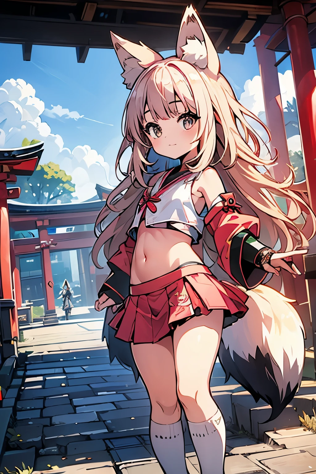 Teenage Girls、Young、(child:1.6)、belly button、(stomach:1.3)、cute、mini skirt、Japanese style、Shrine maiden、Fox ears、Fox Tail、(battle:1.3)