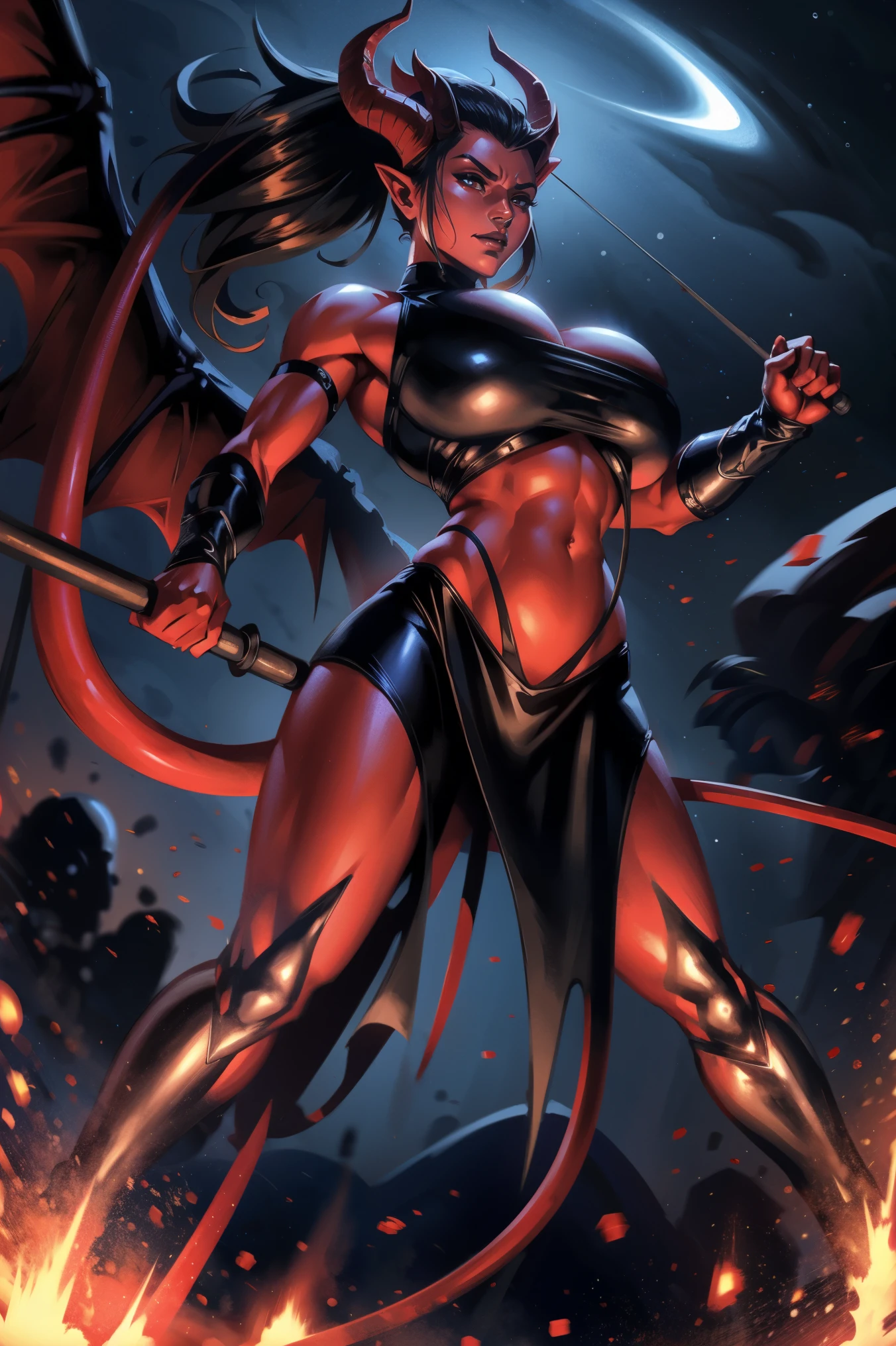 Red skin succubus tiefling, cleavage, black horns, wings, huge tail, black leather, crop top, long flowing pelvic curtain, tall, toned, graceful, thin, long black ponytail. Action scene, whip. Dark scene, explosions, night sky.