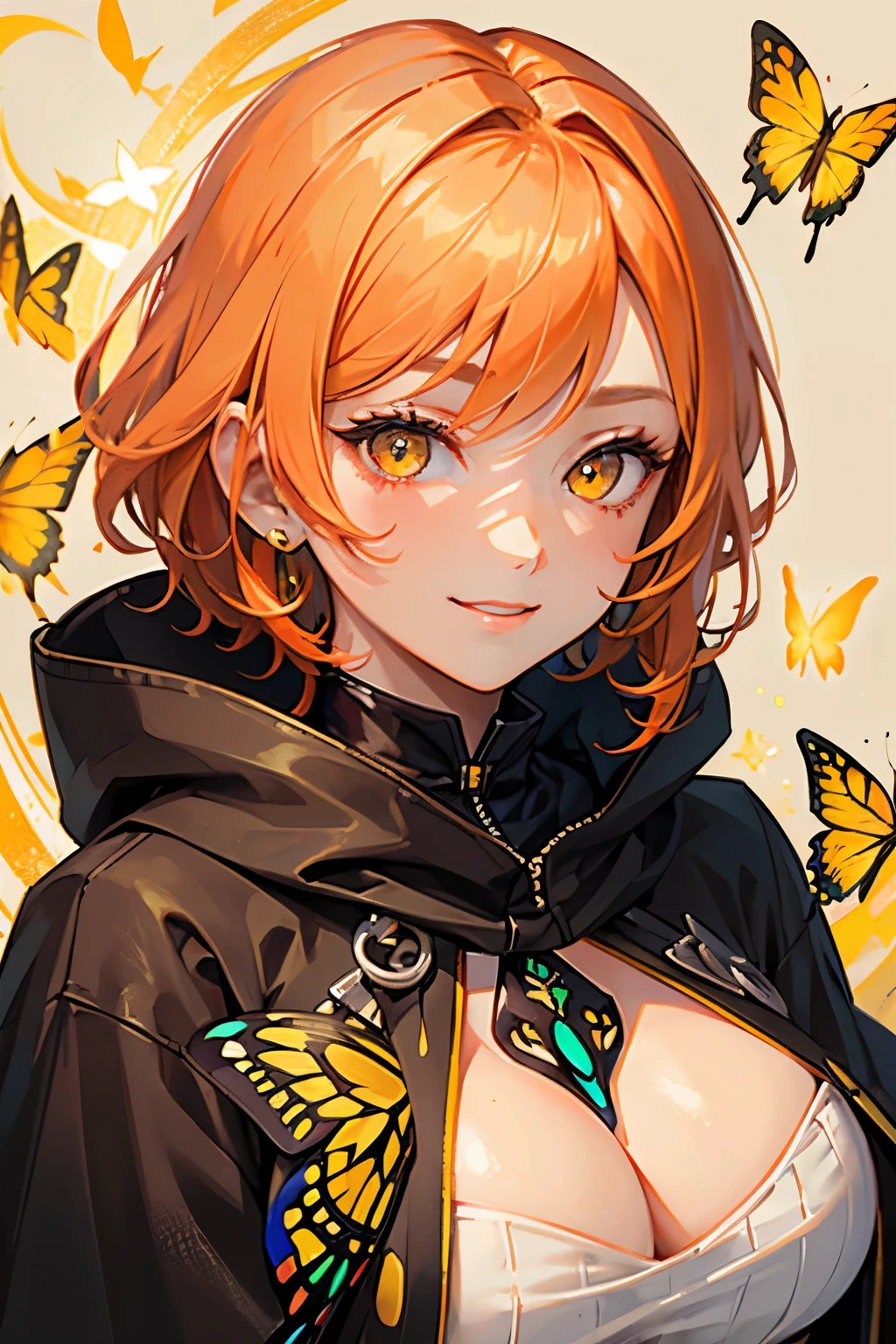 A beautiful adult woman wearing a cloak、Orange short hair and yellow eyes、Strong smile、Face close-up、Swallowtail butterfly flapping wings background